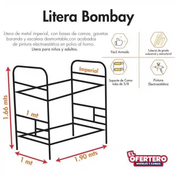 Combo Litera Bombay Con gavetas Imperial + colchones + Almohadas - Imagen 4