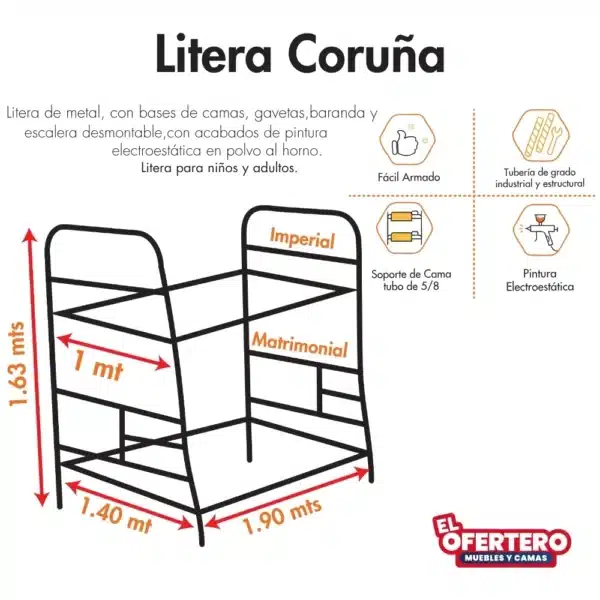 Combo Litera Coruña Imperial / Matrimonial Con colchones + 2 Almohadas Gratis - Imagen 4